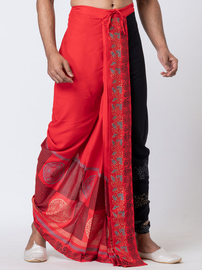 Nakshi Red Black Combo Rayon Floral Pattern Hand Block Print Dhoti