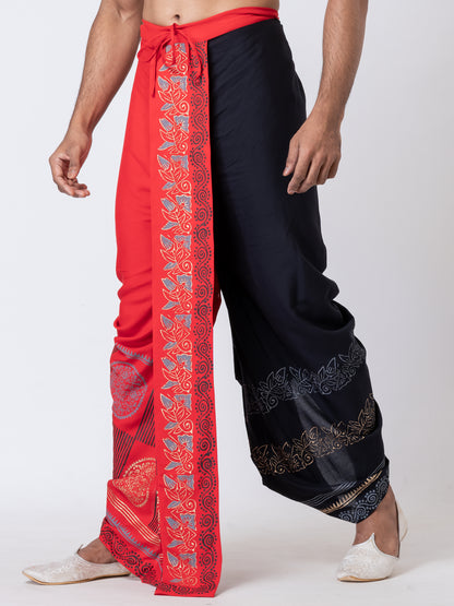 Nakshi Red Black Combo Rayon Floral Pattern Hand Block Print Dhoti