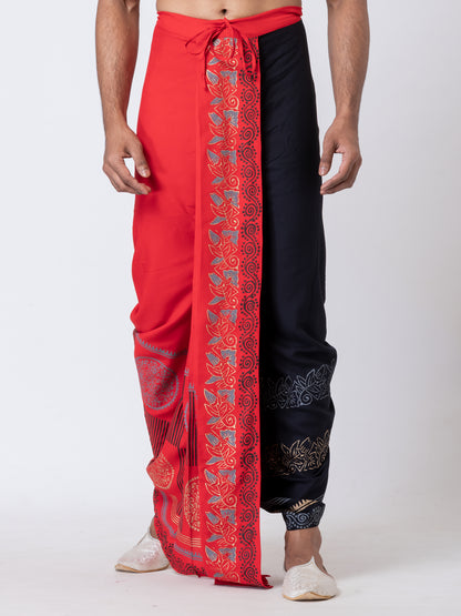 Nakshi Red Black Combo Rayon Floral Pattern Hand Block Print Dhoti