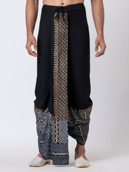 Nakshi Black Rayon Floral Pattern Hand Block Print Dhoti for Men