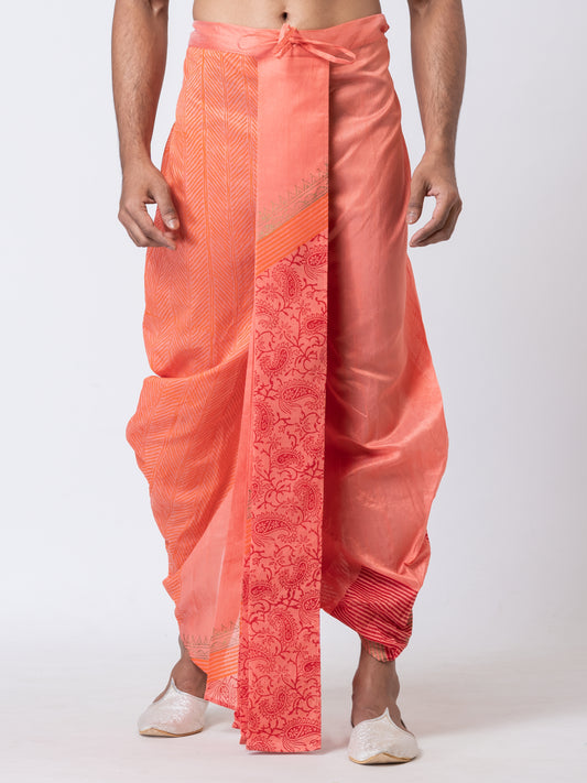 Nakshi Dupion Floral Pattern Hand Block Print Free Size Dhoti For Men