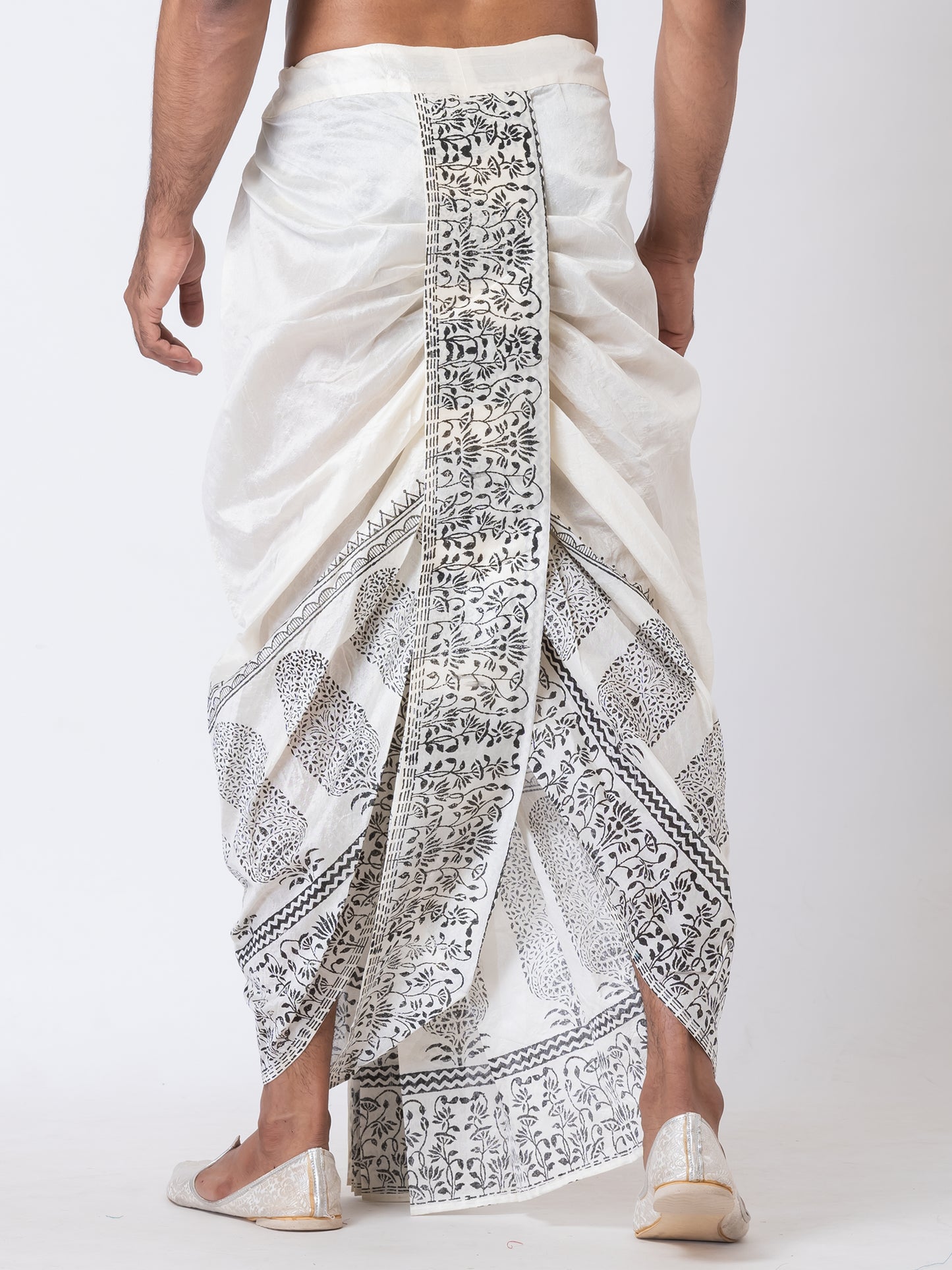 Nakshi White Dupion Floral Pattern Hand Block Print Free Size Dhoti For Men