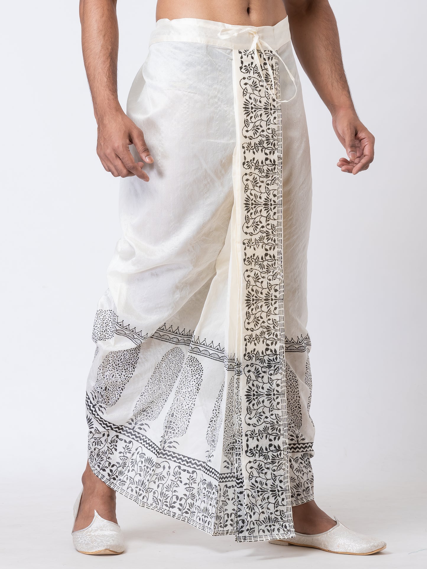 Nakshi White Dupion Floral Pattern Hand Block Print Free Size Dhoti For Men