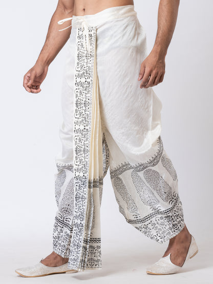 Nakshi White Dupion Floral Pattern Hand Block Print Free Size Dhoti For Men