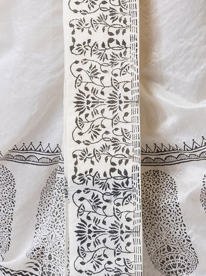 Nakshi White Dupion Floral Pattern Hand Block Print Free Size Dhoti For Men