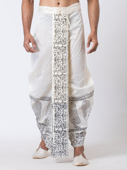 Nakshi White Dupion Floral Pattern Hand Block Print Free Size Dhoti For Men