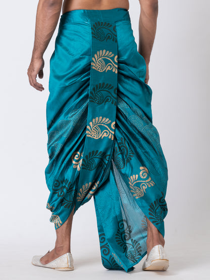 Nakshi Turquoise Dupion Floral Pattern Hand Block Print Free Size Dhoti For Men