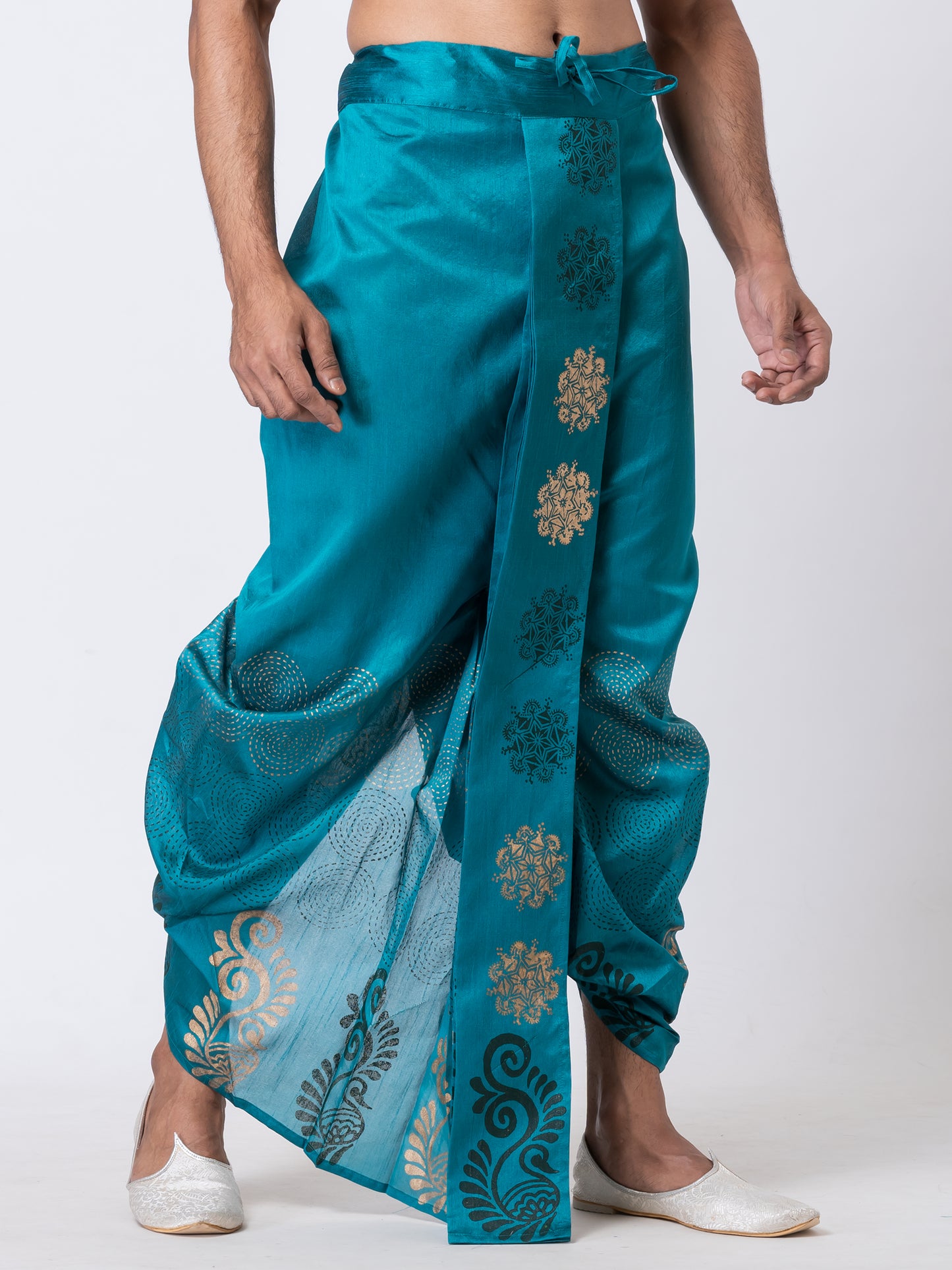 Nakshi Turquoise Dupion Floral Pattern Hand Block Print Free Size Dhoti For Men