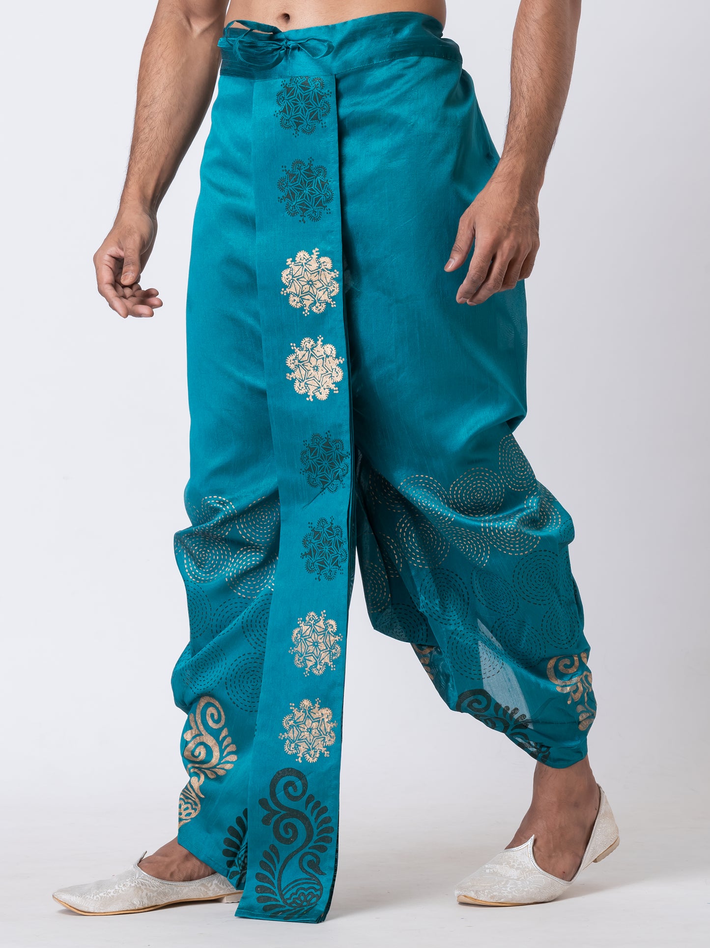 Nakshi Turquoise Dupion Floral Pattern Hand Block Print Free Size Dhoti For Men