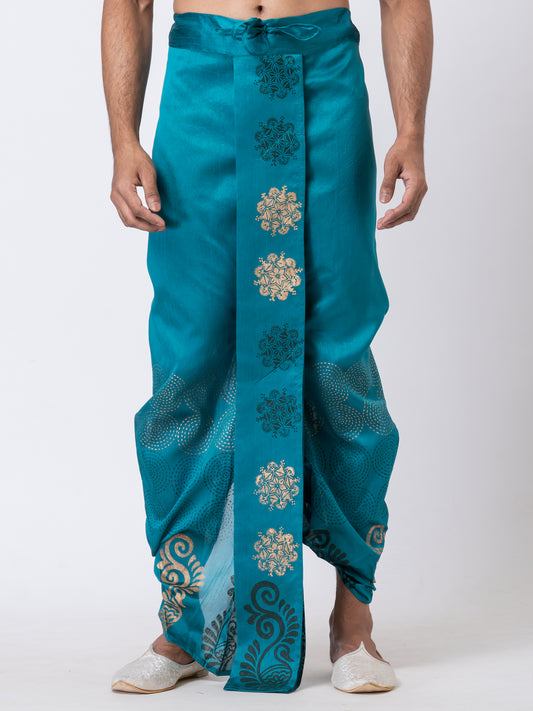 Nakshi Turquoise Dupion Floral Pattern Hand Block Print Free Size Dhoti For Men