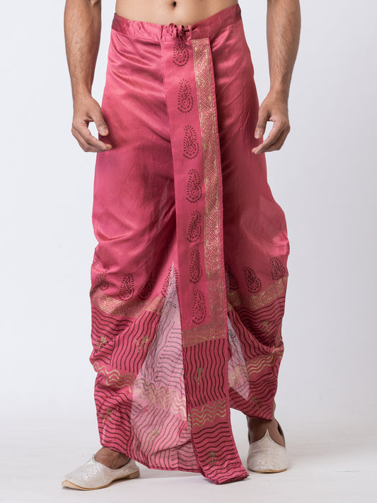 Nakshi Maron Dupion Floral Pattern Hand Block Print Free Size Dhoti For Men