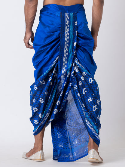 Nakshi Blue Dupion Floral Pattern Hand Block Print free Size Dhoti For Men