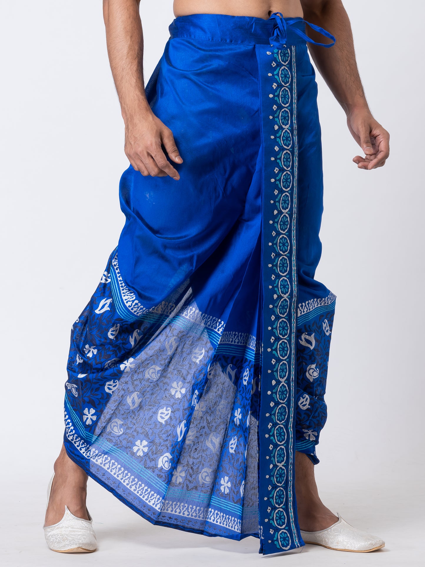 Nakshi Blue Dupion Floral Pattern Hand Block Print free Size Dhoti For Men