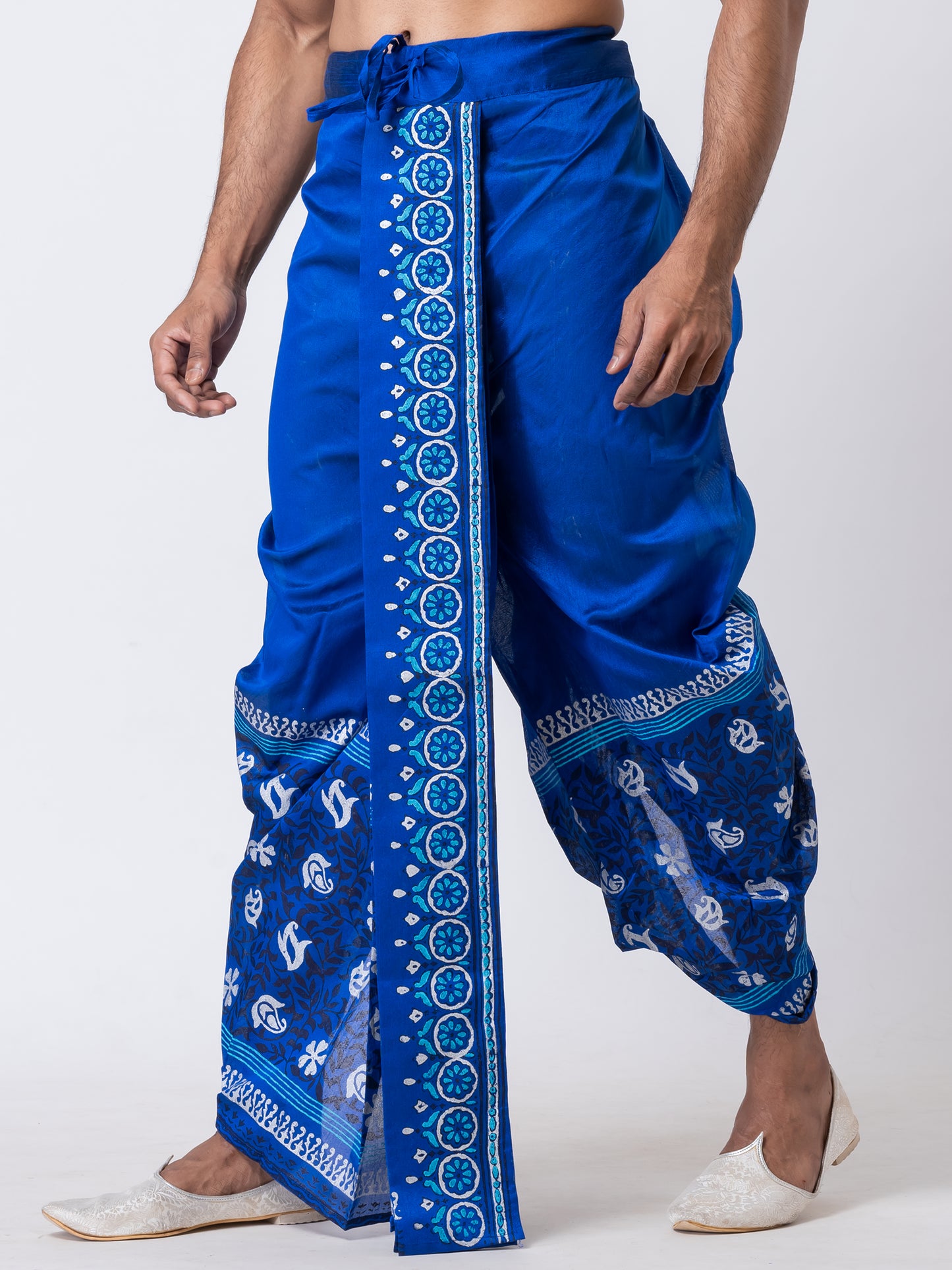 Nakshi Blue Dupion Floral Pattern Hand Block Print free Size Dhoti For Men