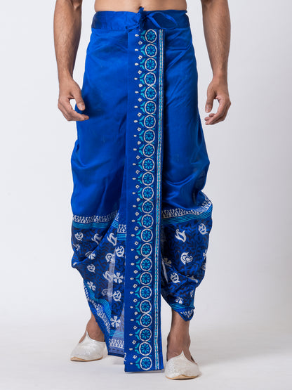 Nakshi Blue Dupion Floral Pattern Hand Block Print free Size Dhoti For Men