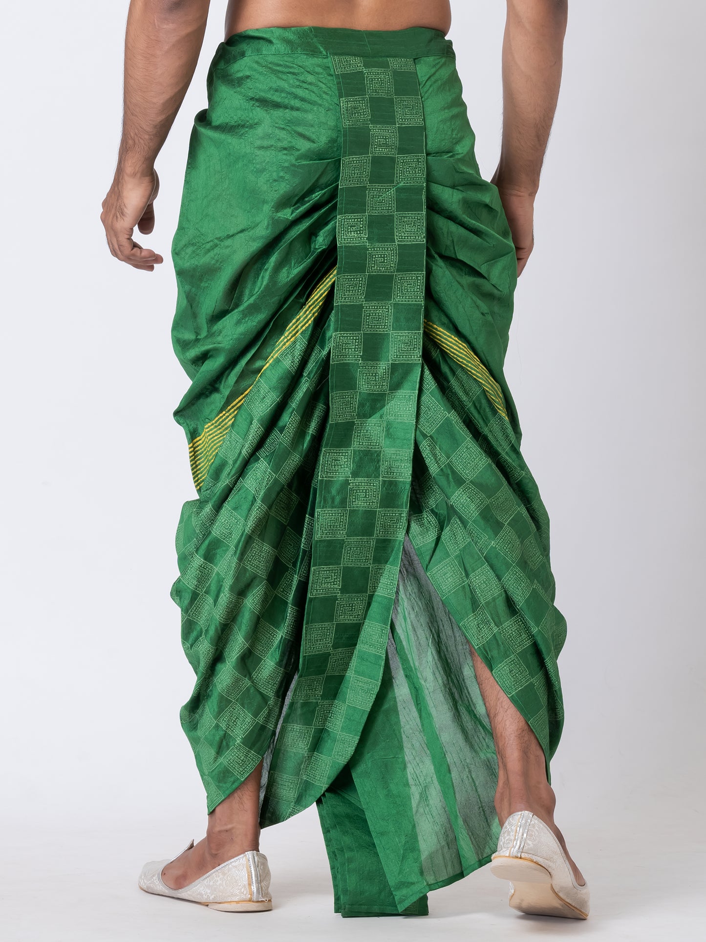 Nakshi Green Dupion Floral Pattern Hand Block Print Free Size Dhoti For Men