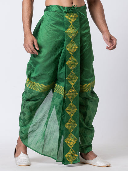 Nakshi Green Dupion Floral Pattern Hand Block Print Free Size Dhoti For Men