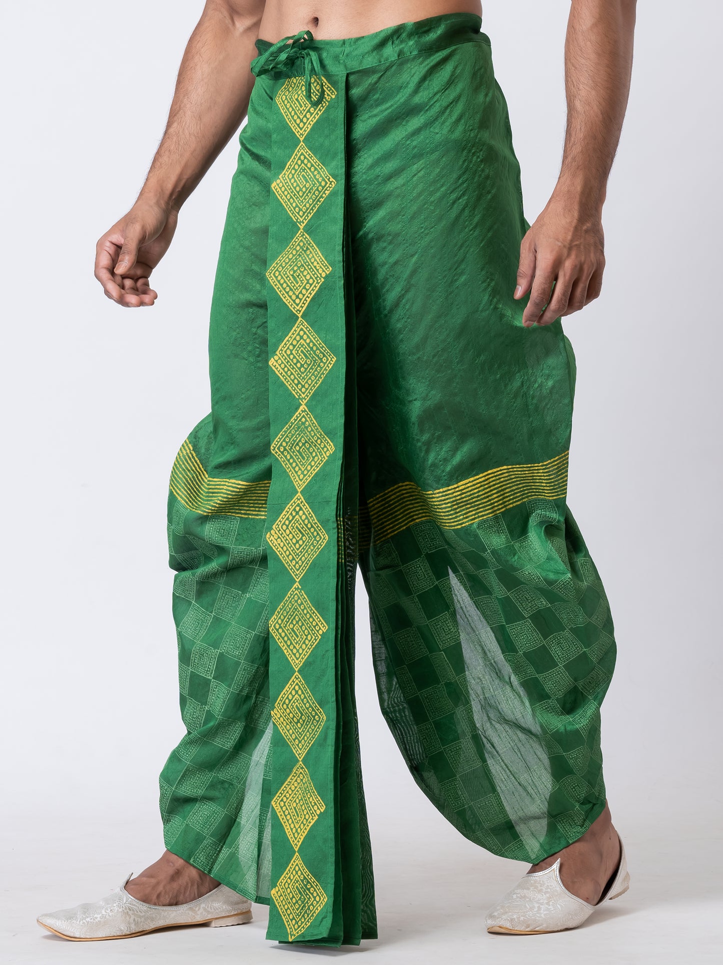 Nakshi Green Dupion Floral Pattern Hand Block Print Free Size Dhoti For Men