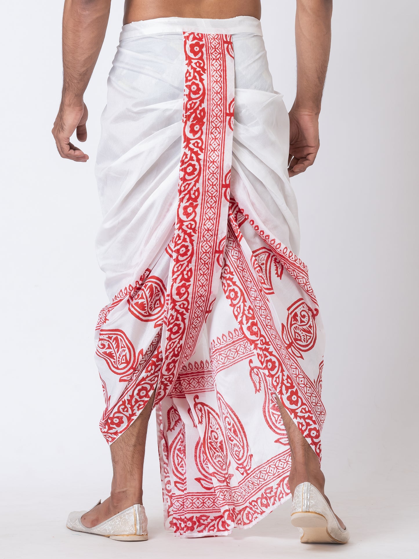 Nakshi White Dupion Floral Pattern Hand Block Print Dhoti For Men