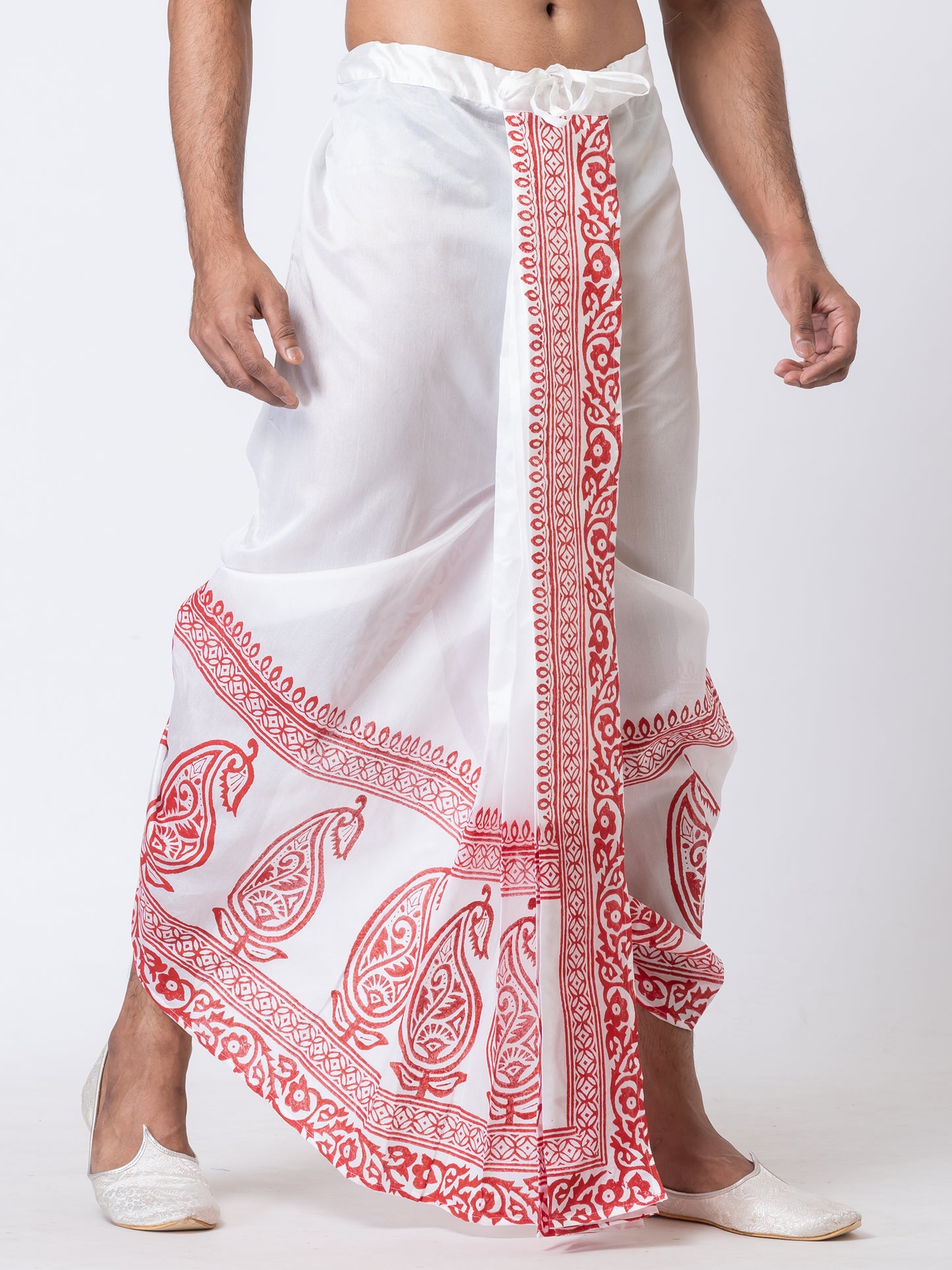 Nakshi White Dupion Floral Pattern Hand Block Print Dhoti For Men