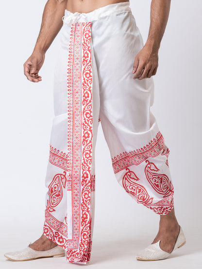 Nakshi White Dupion Floral Pattern Hand Block Print Dhoti For Men