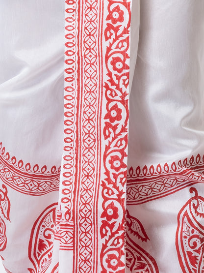 Nakshi White Dupion Floral Pattern Hand Block Print Dhoti For Men