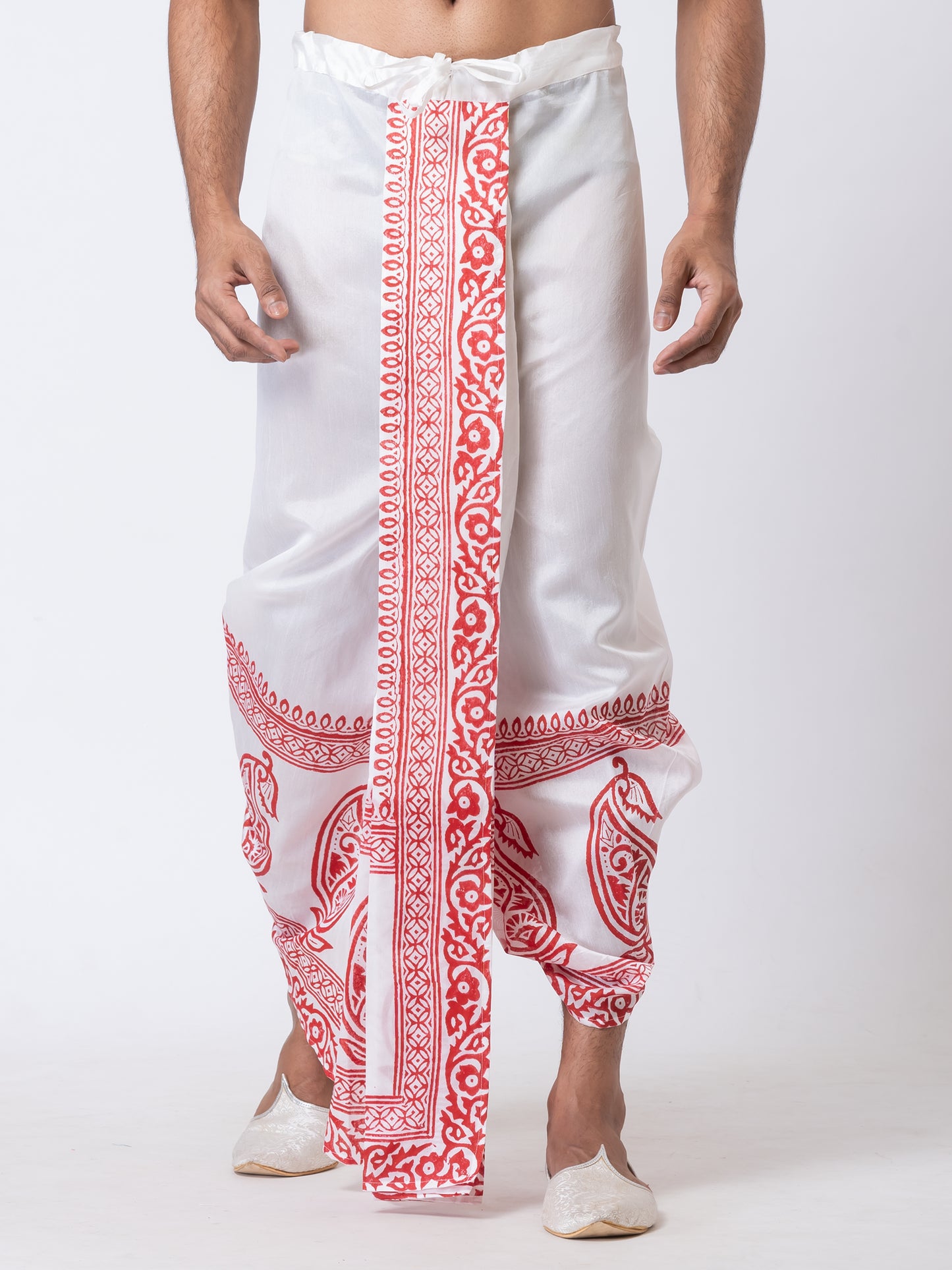 Nakshi White Dupion Floral Pattern Hand Block Print Dhoti For Men