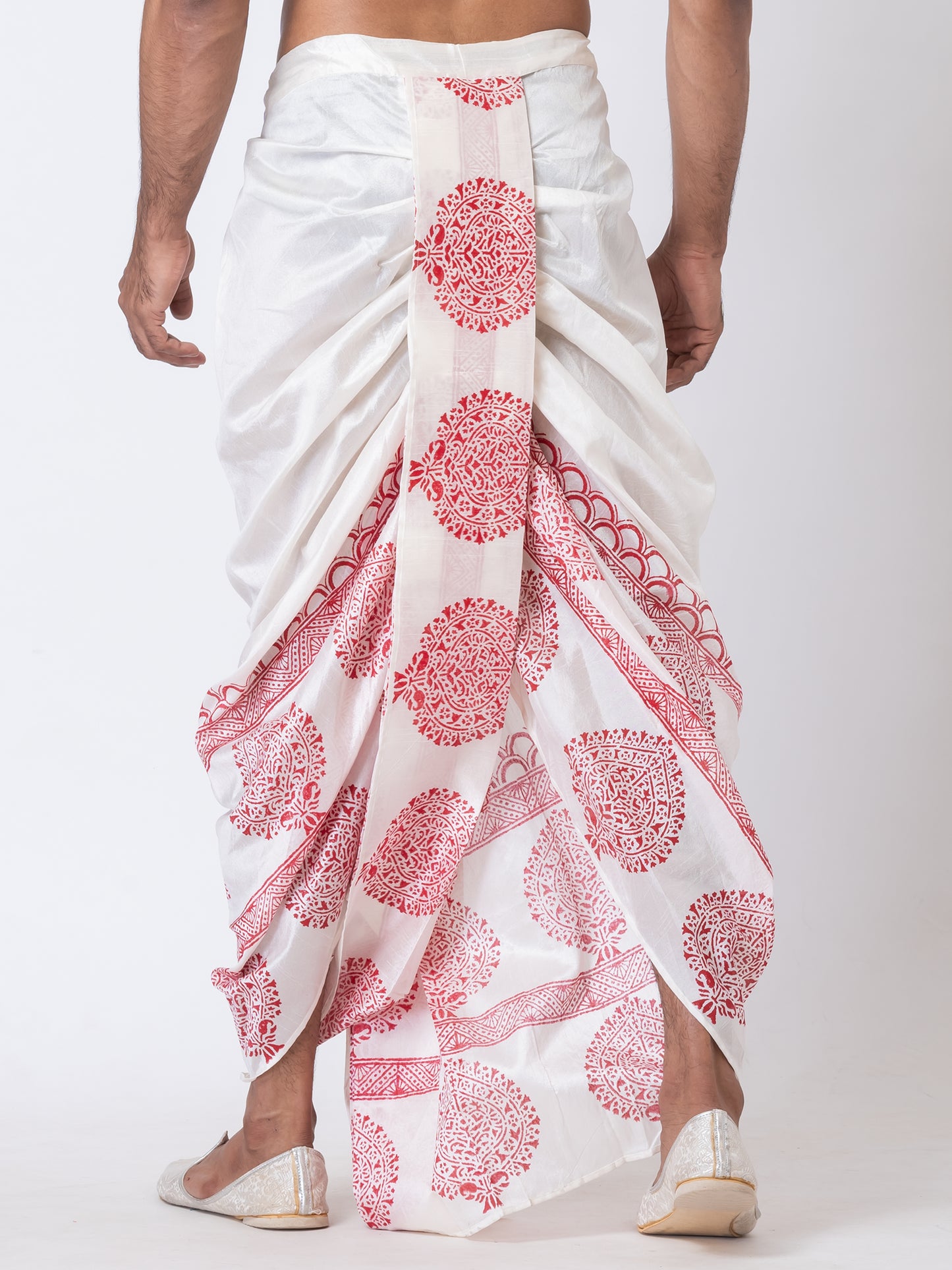 Nakshi White Dupion Floral Pattern Hand Block Print Free Size Dhoti For Men