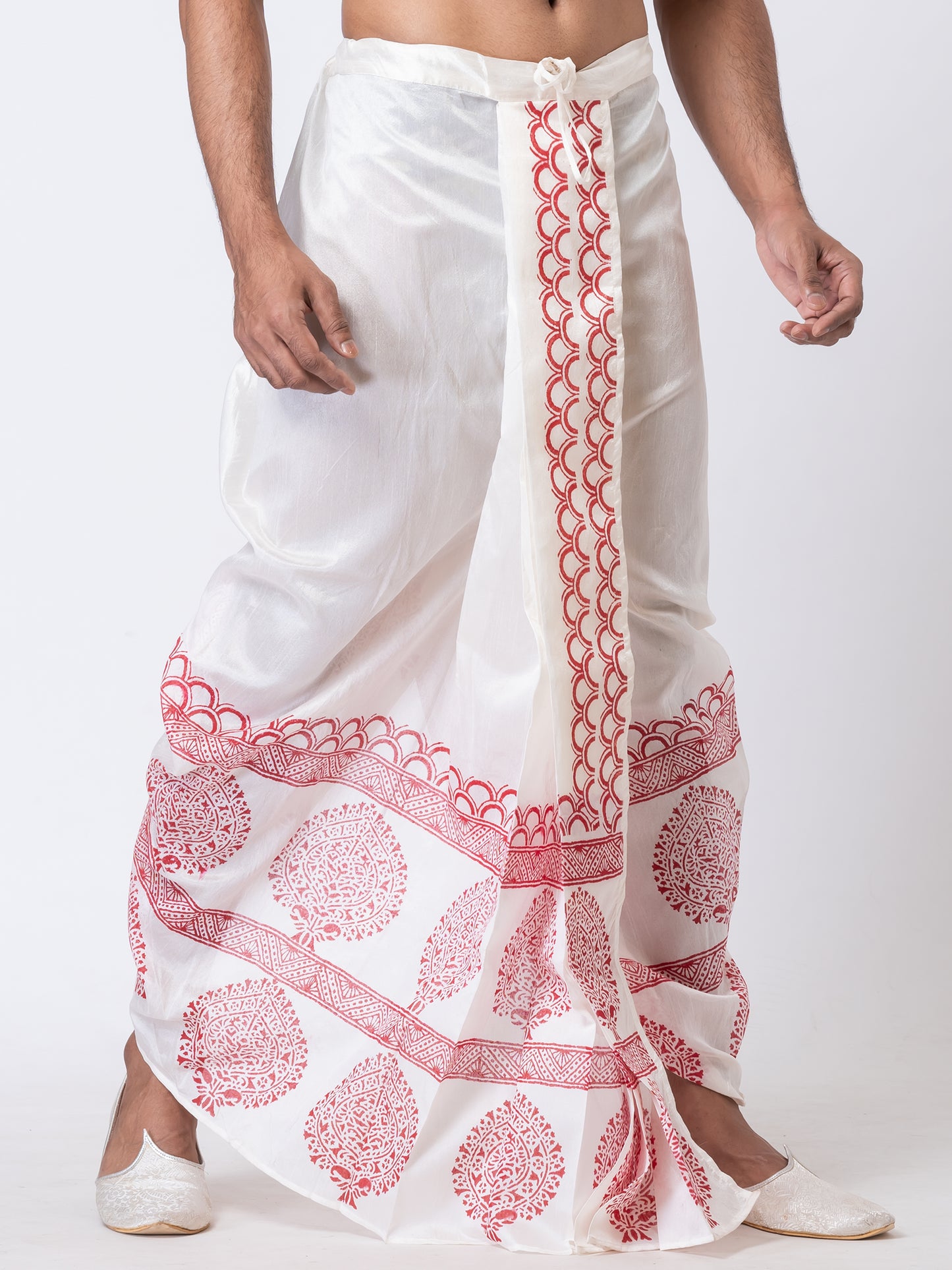 Nakshi White Dupion Floral Pattern Hand Block Print Free Size Dhoti For Men