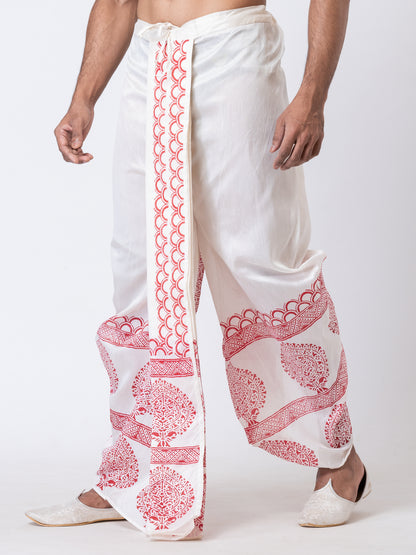 Nakshi White Dupion Floral Pattern Hand Block Print Free Size Dhoti For Men