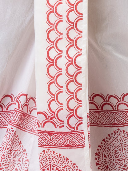 Nakshi White Dupion Floral Pattern Hand Block Print Free Size Dhoti For Men