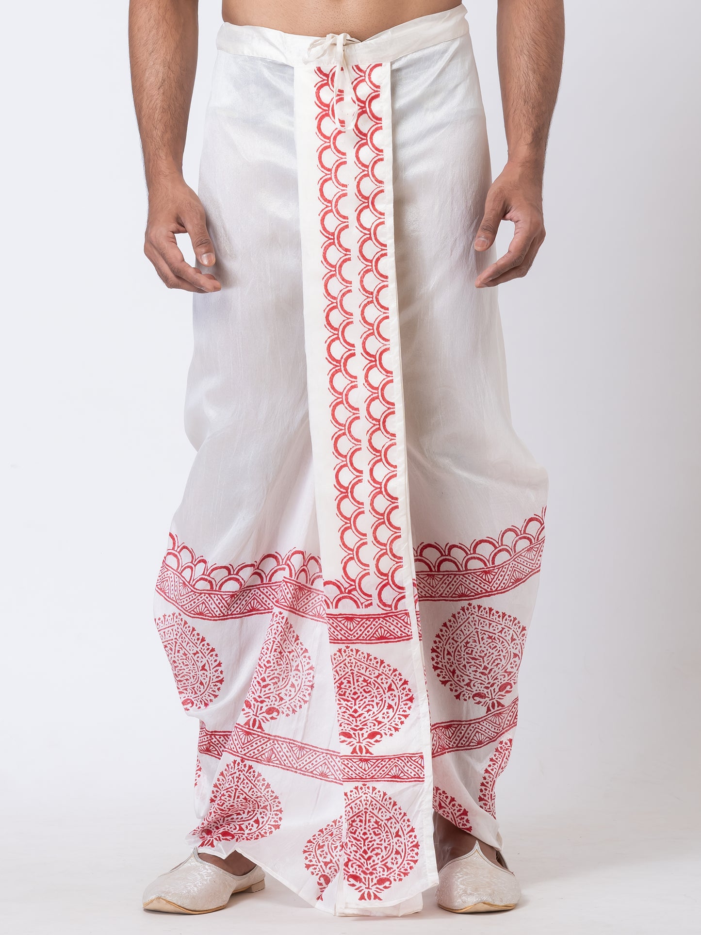 Nakshi White Dupion Floral Pattern Hand Block Print Free Size Dhoti For Men