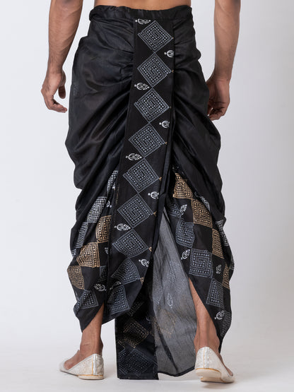 Nakshi Black Dupion Floral Pattern Hand Block Print Dhoti For Men