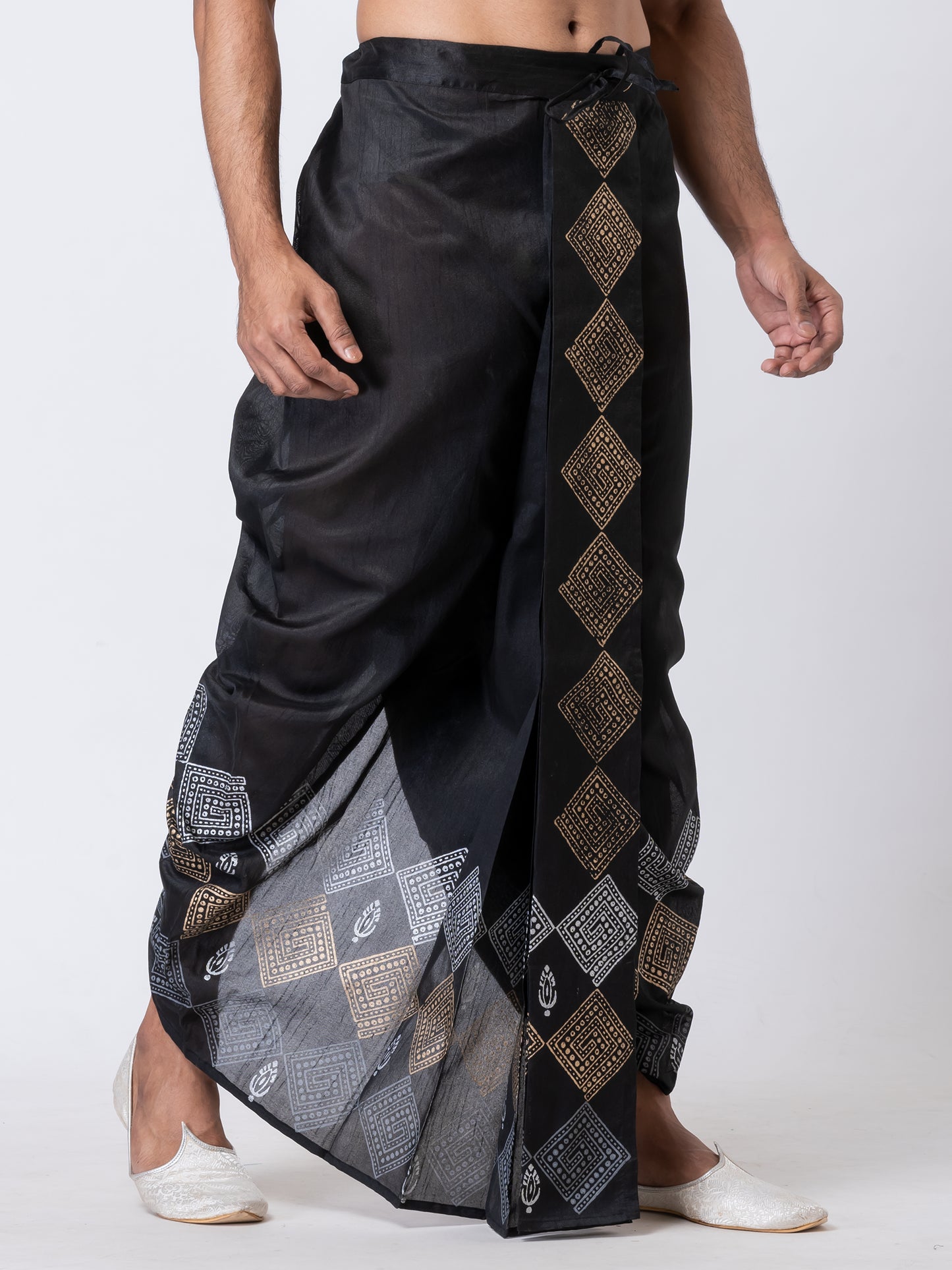 Nakshi Black Dupion Floral Pattern Hand Block Print Dhoti For Men