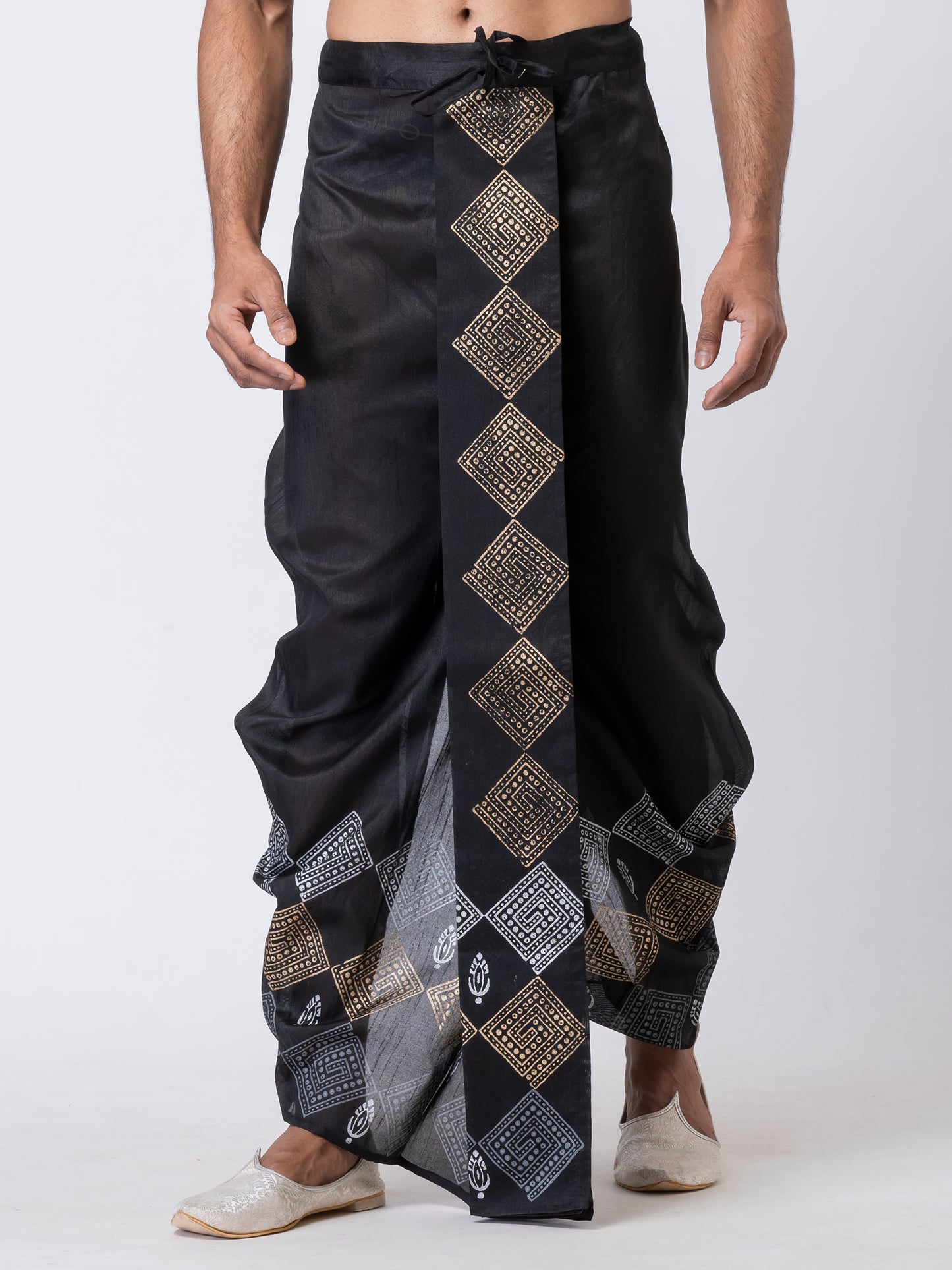 Nakshi Black Dupion Floral Pattern Hand Block Print Dhoti For Men