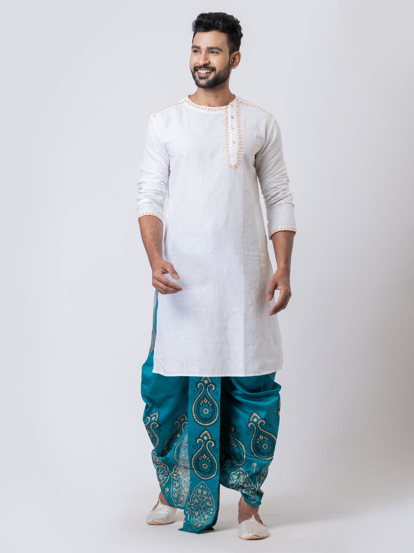 Nakshi Teal Dupion Floral Pattern Hand Block Print Dhoti For Men