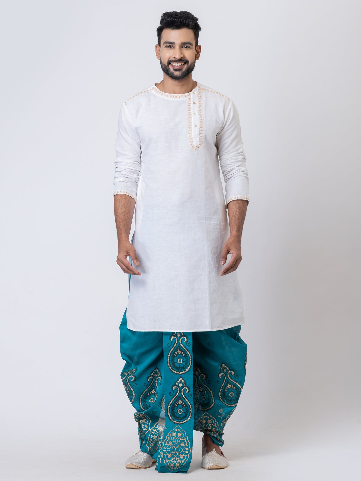 Nakshi Teal Dupion Floral Pattern Hand Block Print Dhoti For Men