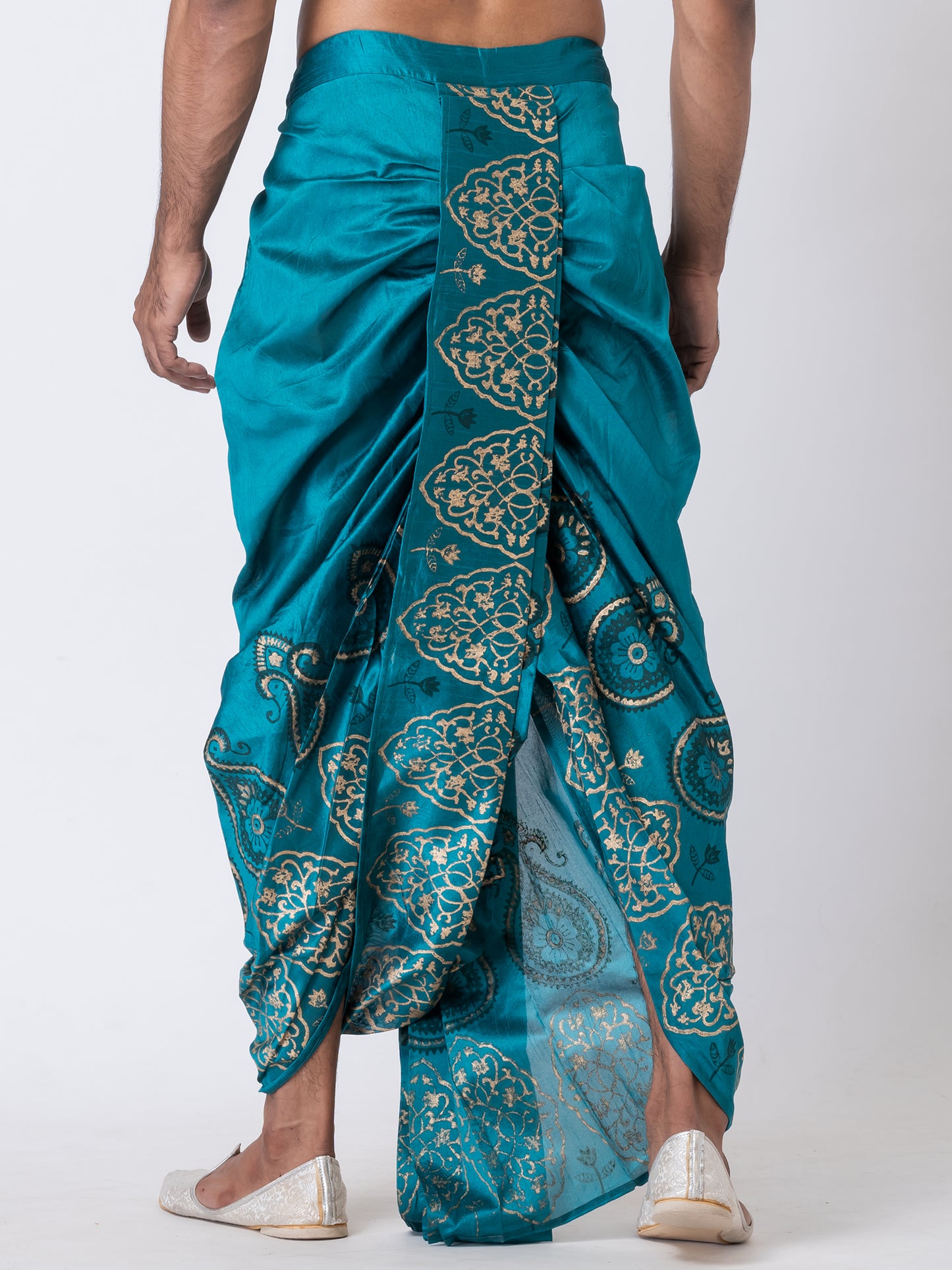 Nakshi Teal Dupion Floral Pattern Hand Block Print Dhoti For Men