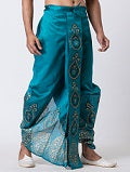 Nakshi Teal Dupion Floral Pattern Hand Block Print Dhoti For Men