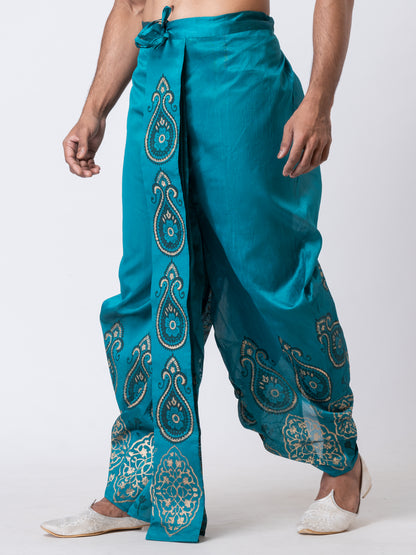 Nakshi Teal Dupion Floral Pattern Hand Block Print Dhoti For Men