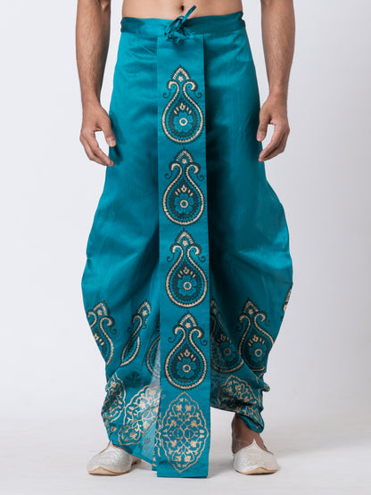 Nakshi Teal Dupion Floral Pattern Hand Block Print Dhoti For Men