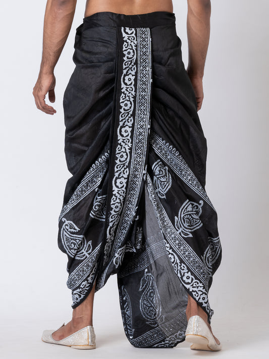 Nakshi Black Dupion Floral Pattern Hand Block Print Free Size Dhoti For Men