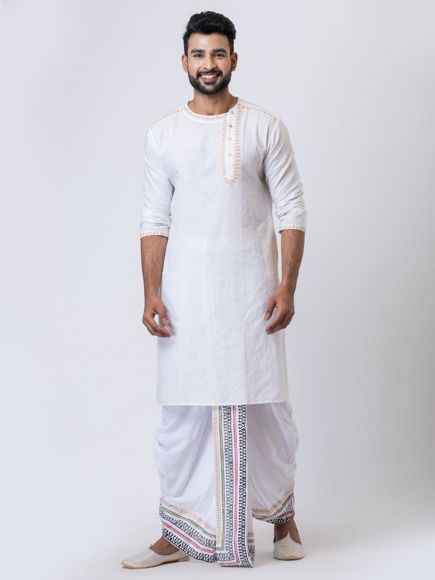 Nakshi Rayon 12336 White 100% Hand Block Print Dhoti For Men