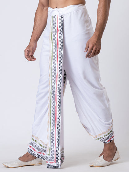 Nakshi Rayon 12336 White 100% Hand Block Print Dhoti For Men