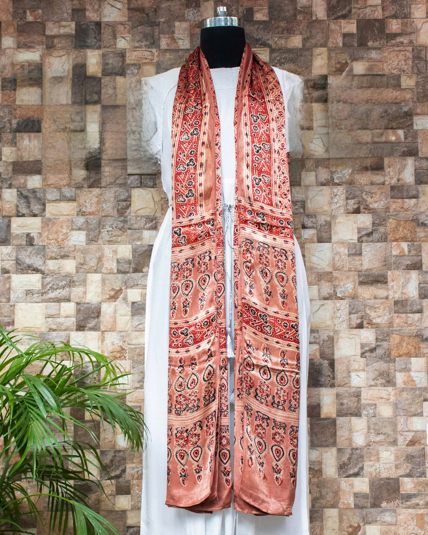 Nakshi Hand Block Ajrakh Printed Modal Silk Rose Dawn Coloured Dupatta