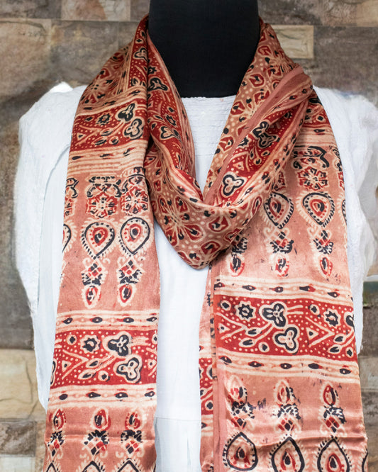 Nakshi Hand Block Ajrakh Printed Modal Silk Rose Dawn Coloured Dupatta