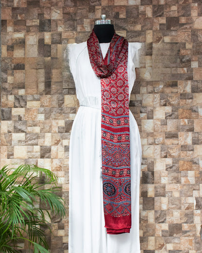 Nakshi Hand Block Ajrakh Printed Modal Silk Red Coloured Dupatta