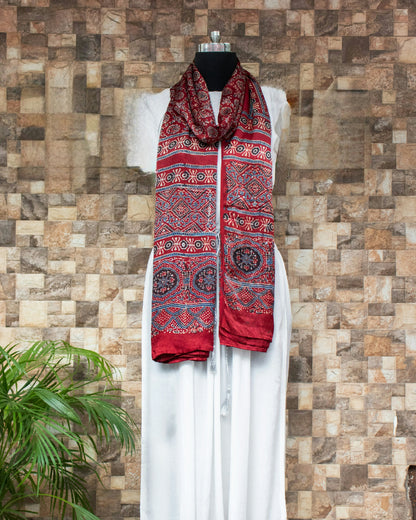 Nakshi Hand Block Ajrakh Printed Modal Silk Red Coloured Dupatta