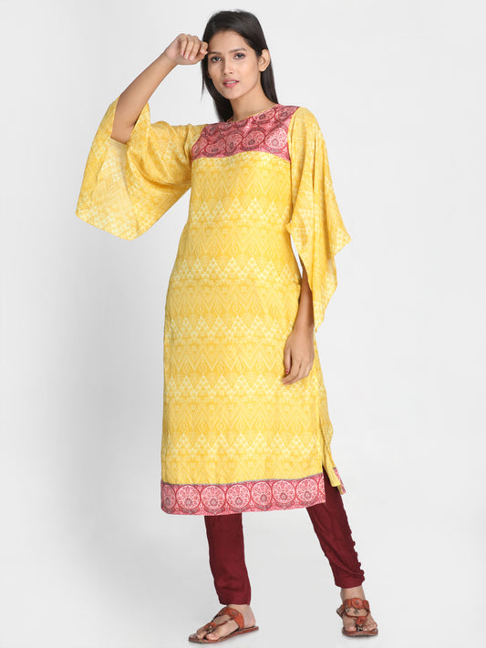 Nakshi Women Yellow & Maroon Printed Straight Kurti