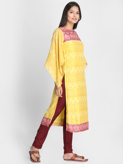 Nakshi Women Yellow & Maroon Printed Straight Kurti